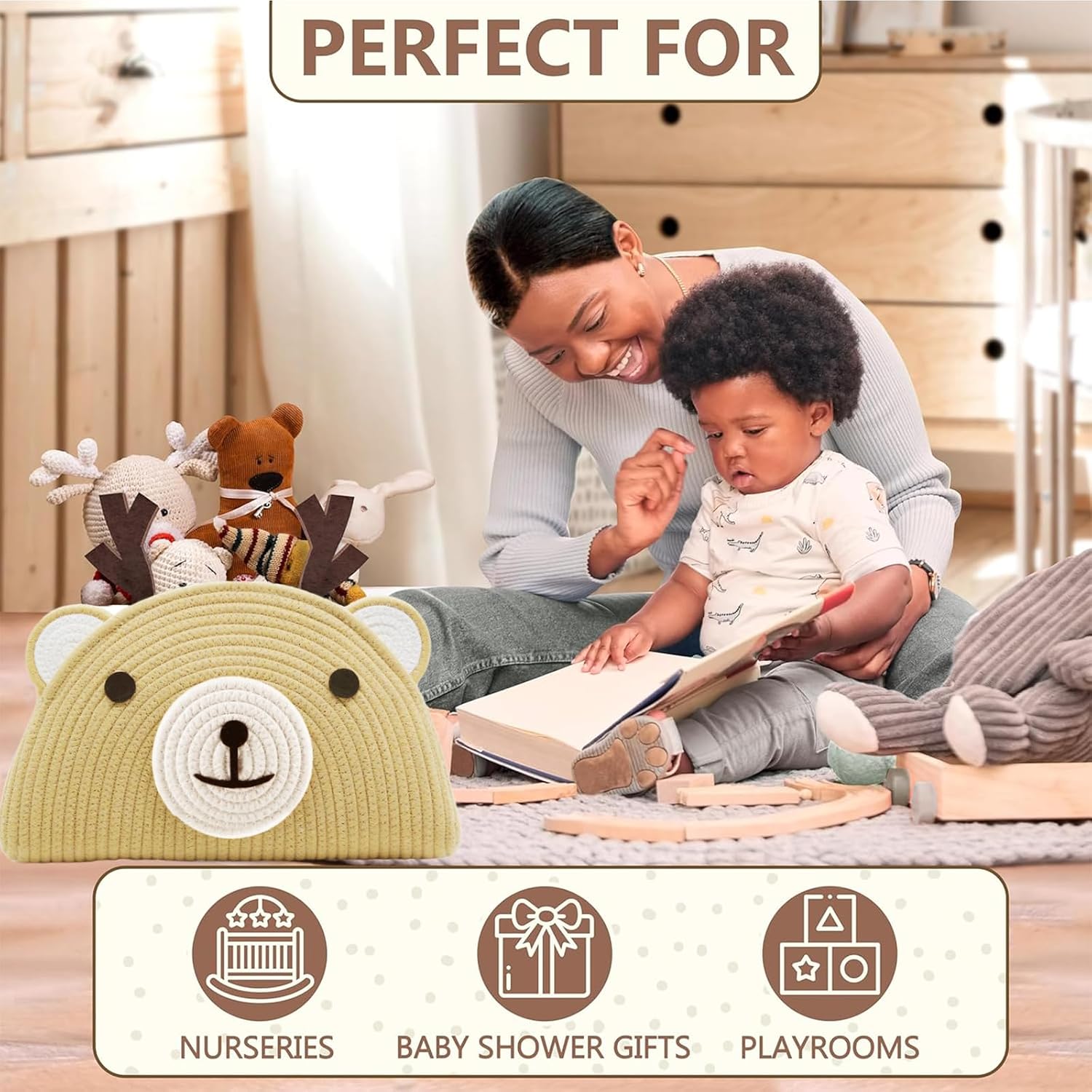Diaper Caddy Organizer, Cotton Rope Baby Caddy Basket, Nursery Storage Bin | Large Storage Basket, Car Organizer for Diapers and Baby Wipes, Cute Design Gift for Baby Shower, Newborn Essentials
