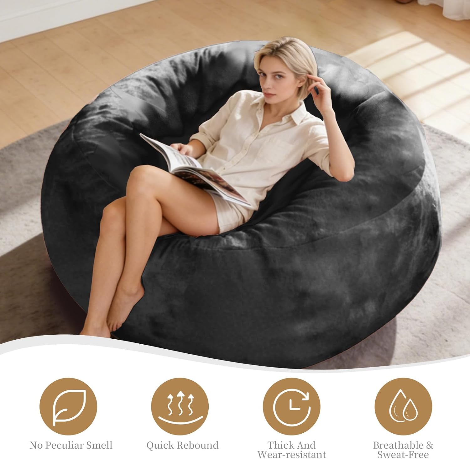 Combet Big Bean Bag Chairs for Adults, Bean Bag Chair with Filler Memory Foam Chair Super Soft Plush, Living Room Furniture, Suitable for Bedrooms, Comfy Lounge Reading Chairs, 4FT Darkgrey