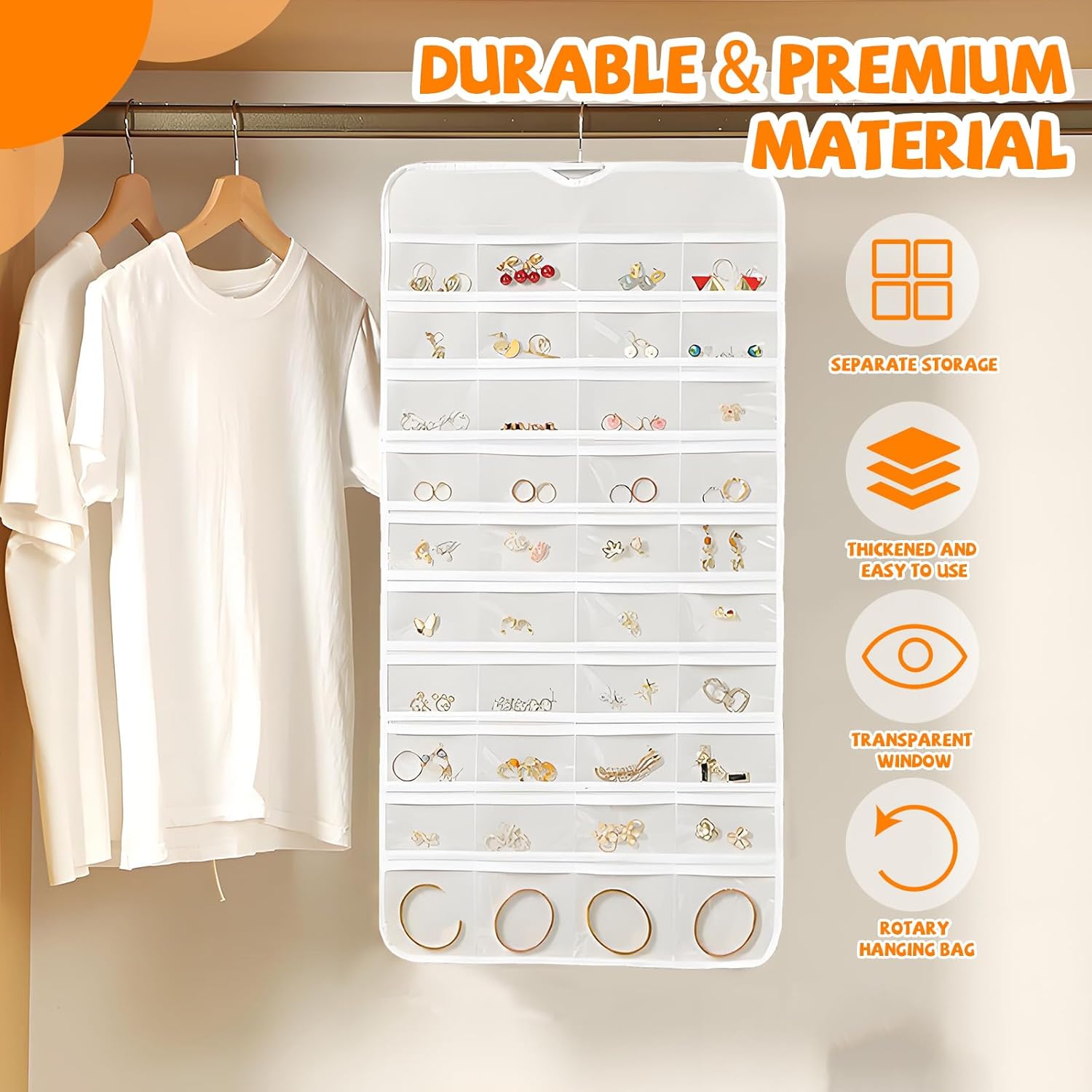 80 Pockets Hanging Jewelry Organizer, Double-Sided White Closet Jewelry Holder for Space-Saving Storage of Earrings, Rings, Bracelets and Small Accessories