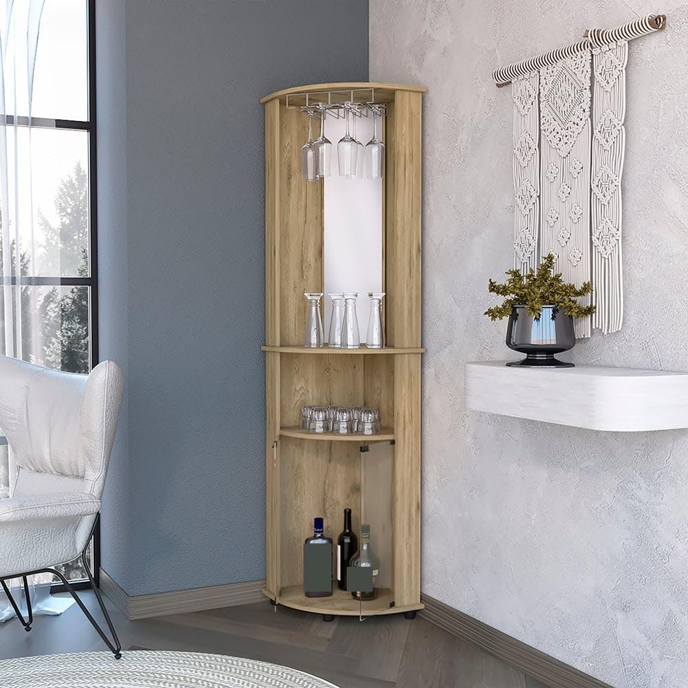 Storage Cabinet 2-Shelf Corner Wine Cabinet with Glass Rack, Tall Pantry Side...