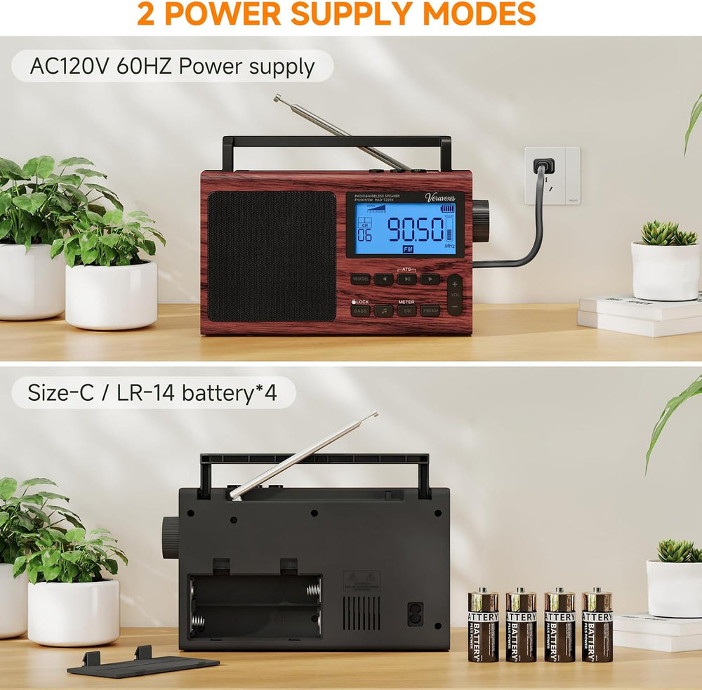 Portable Bluetooth AM FM Shortwave Radio AC & Battery Powered