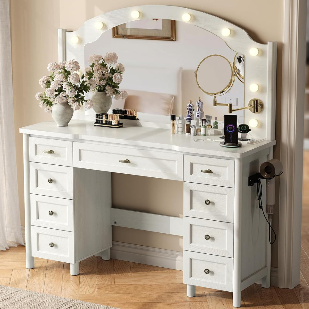 STO'SENSE Vanity Desk with Mirror and Lights, Makeup Vanity Table with 9 ...
