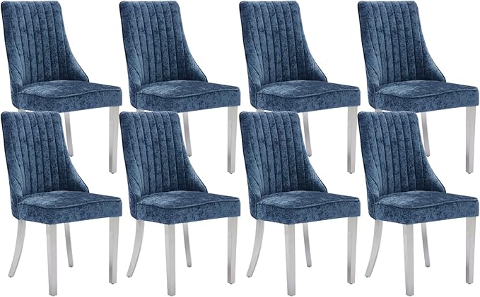 Dining Chairs Set of 8，Modern Channel Tufted Upholstered Dining Chairs with Silver Stainless Steel Legs, Comfortable Chenille Fabric Kitchen Chairs for Dining Room (Blue, 8pc)