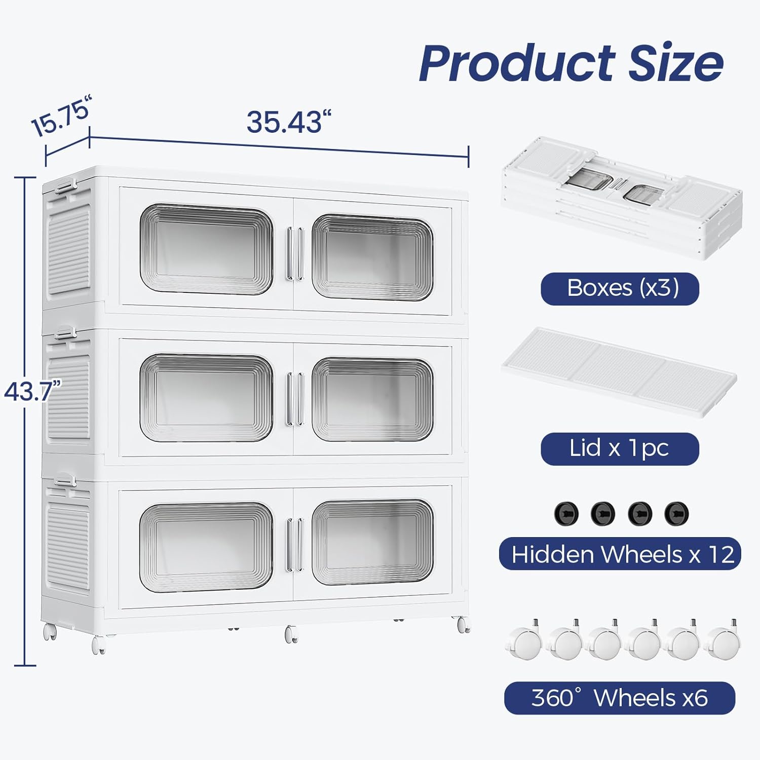 150 Gallon Extra Large Storage Bin with Lid and Wheels, Stackable Collapsible Plastic Storage Box with Door, Foldable Organizer for Closet, Kitchen, Office, Living Room, 3 Pack White