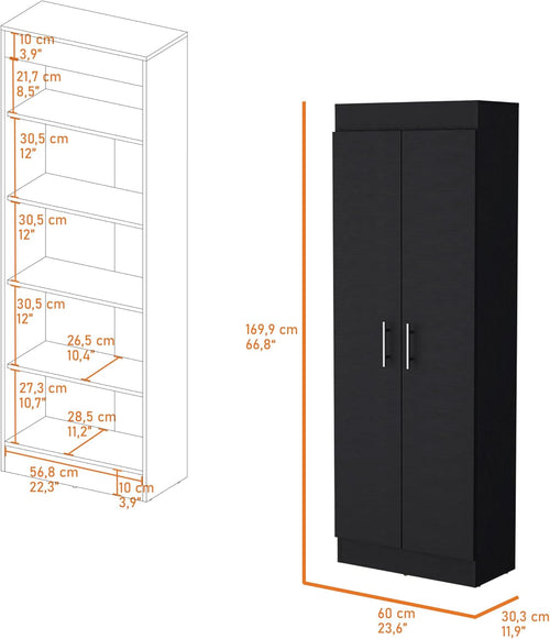 23.6" D*11.9" W*66.8" H Freestanding Kitchen Pantry with 4 Shelves, Double Door, Rectangular Storage Cabinet, Traditional, for Living Room, Dining Room, Black