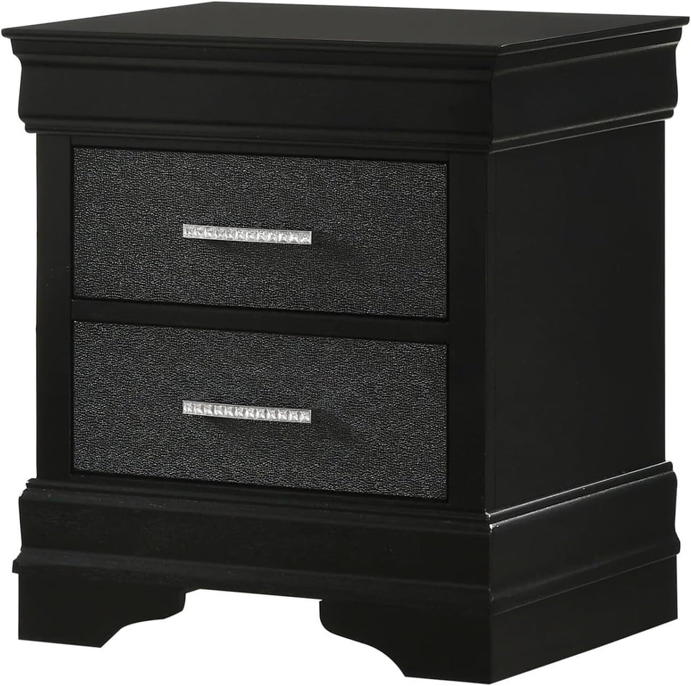 Modern Style Two Drawers Nightstand Black Finish Solid Wood Crystal-Like Butt...