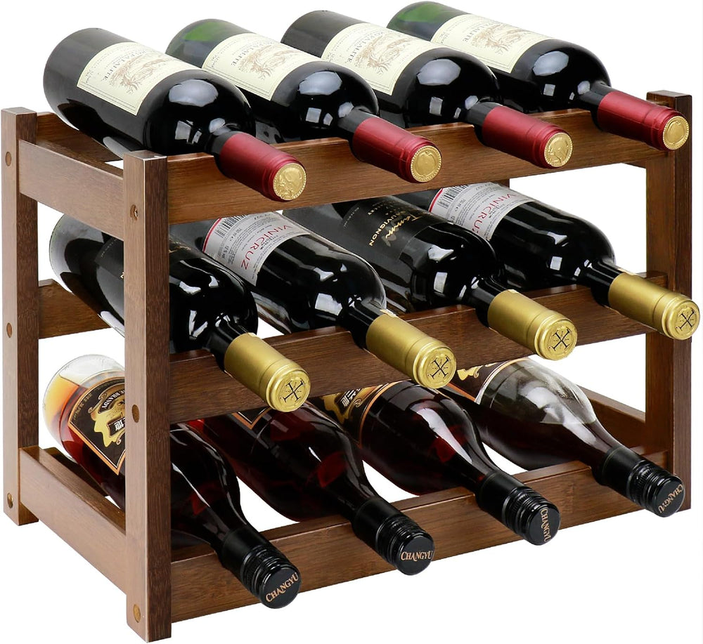 Bamboo Wine Rack, 3-Tier 12 Bottles Wine Storage Cabinet Shelf | Easy Assembl...
