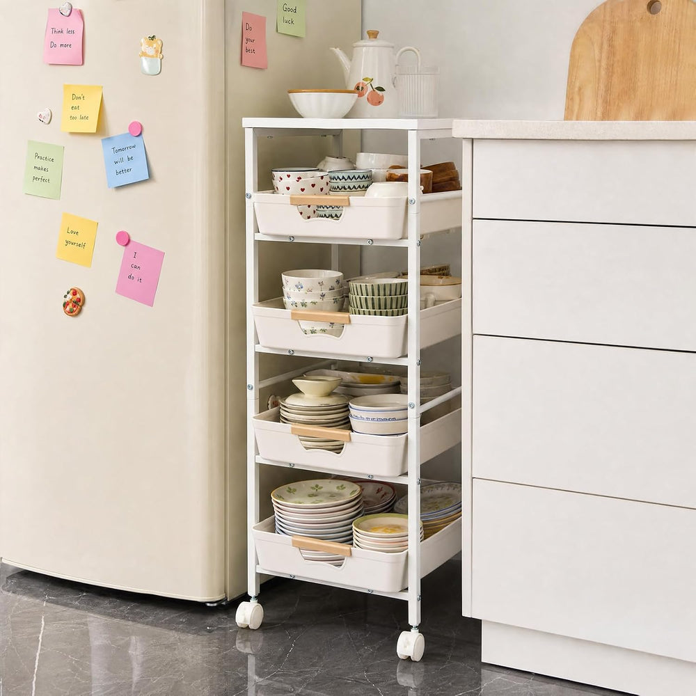 Garvee 5-Tier Slim Rolling Storage Cart, 12.6" Wooden Top Narrow Kitchen...