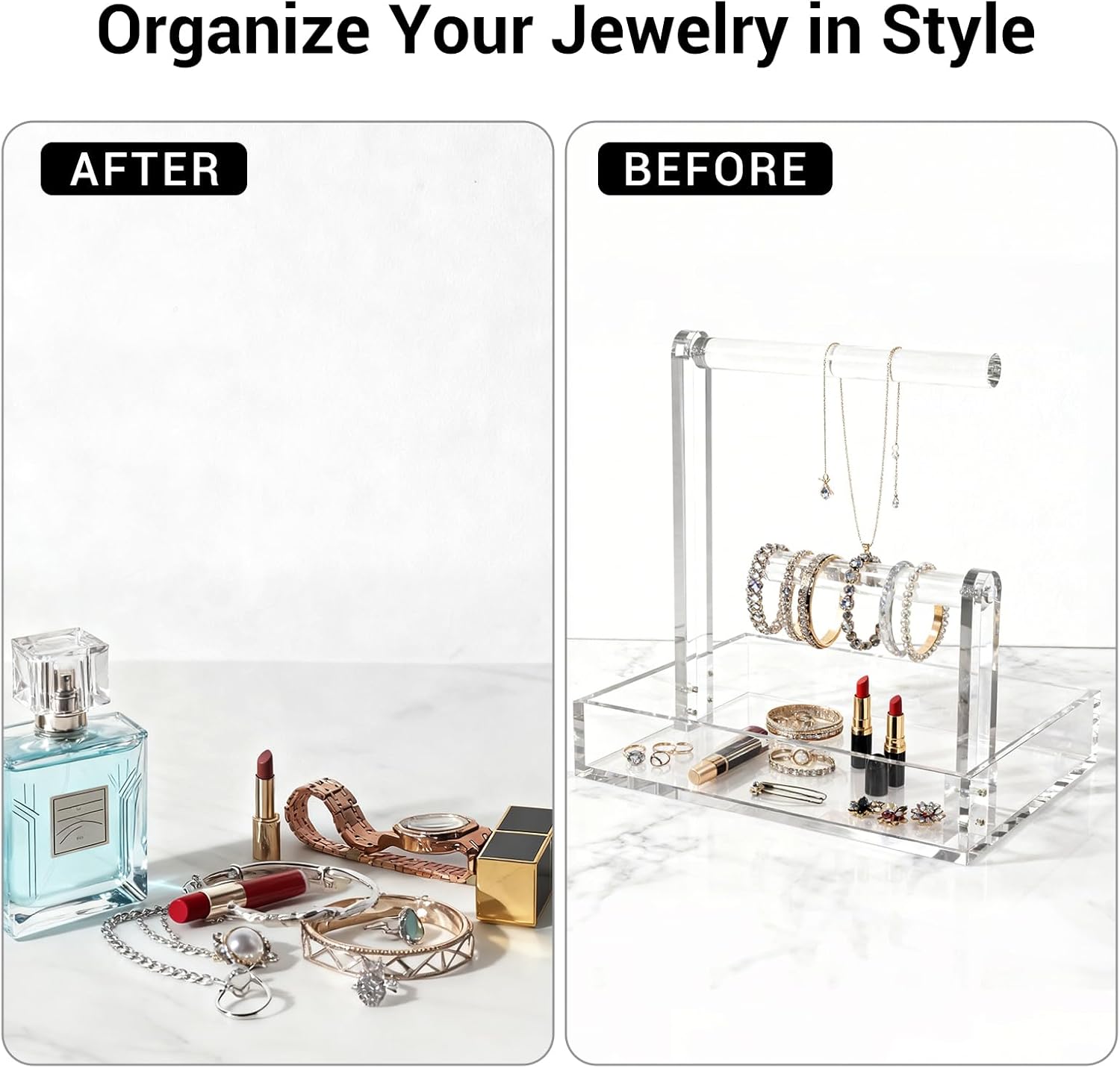 LUGUNU 2-Tier Bracelet Holder & Necklace Display Stand with Removable Trays, Acrylic Jewelry Organizers and Storage Box for Earrings, Rings, Watches, Vanity Tray for Dresser Countertop