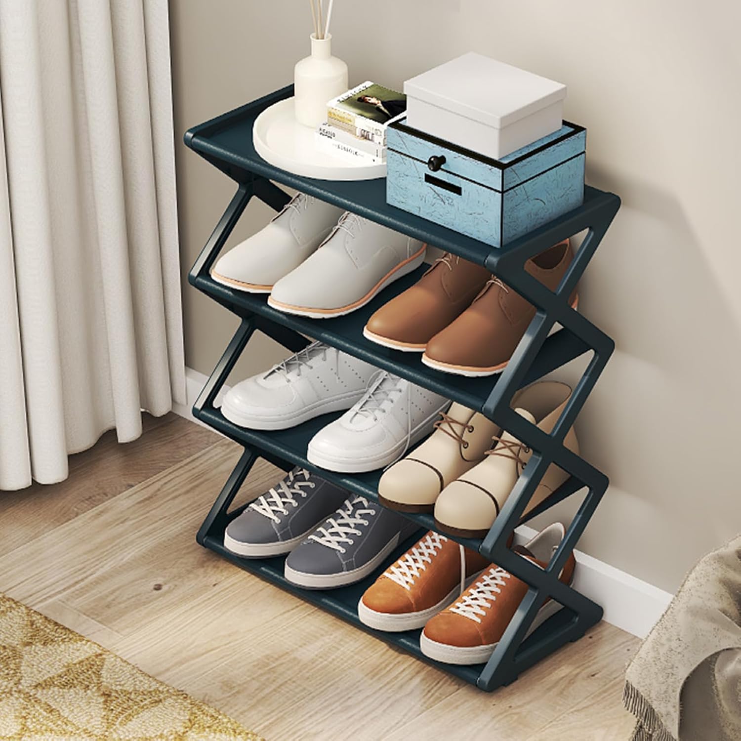 4 Tier Foldable Shoe Rack, Standing Shoe Storage Organizer with No Tool Assembly for Hallway Entryway Bedroom (Black)