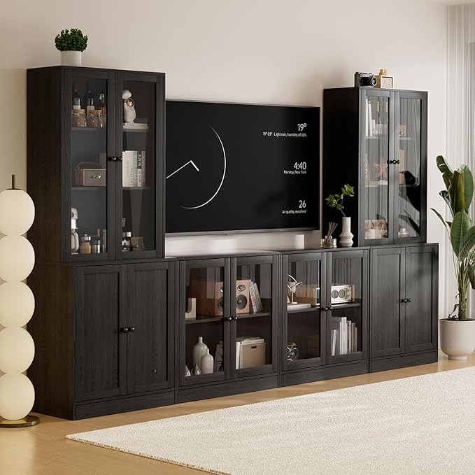 TUSY 71" TV Stand Storage Set - 2 Tall Bookcases & 2 Side Cabinets, Media Console with Glass & Wood Doors, Entertainment Center with Drawers, Tall Media Console for Living Room (Black, ADDA)