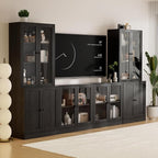 TUSY 71" TV Stand Storage Set - 2 Tall Bookcases & 2 Side Cabinets, Media Console with Glass & Wood Doors, Entertainment Center with Drawers, Tall Media Console for Living Room (Black, ADDA)