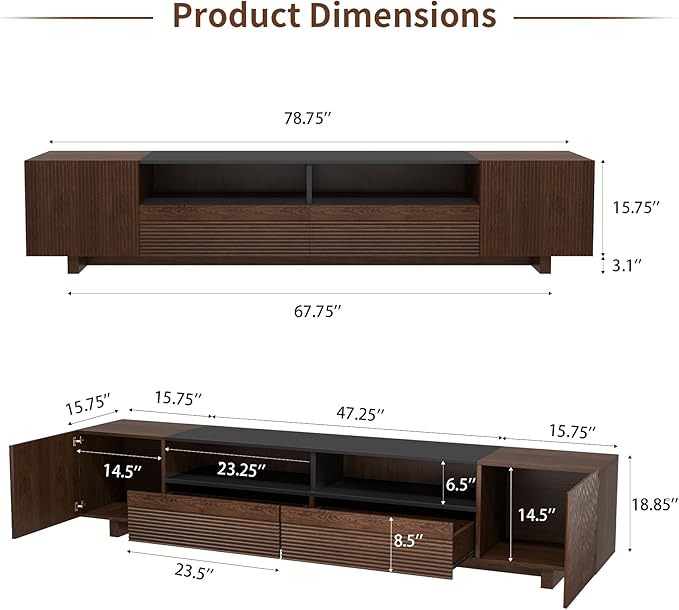 78.8 Inch TV Stand with Storage Cabinets for Living Room, TVs Media Console Entertainment Center with Drawers, Wood Fluted Television Stands with Open Shelves for Bedroom, Dark Brown Walnut