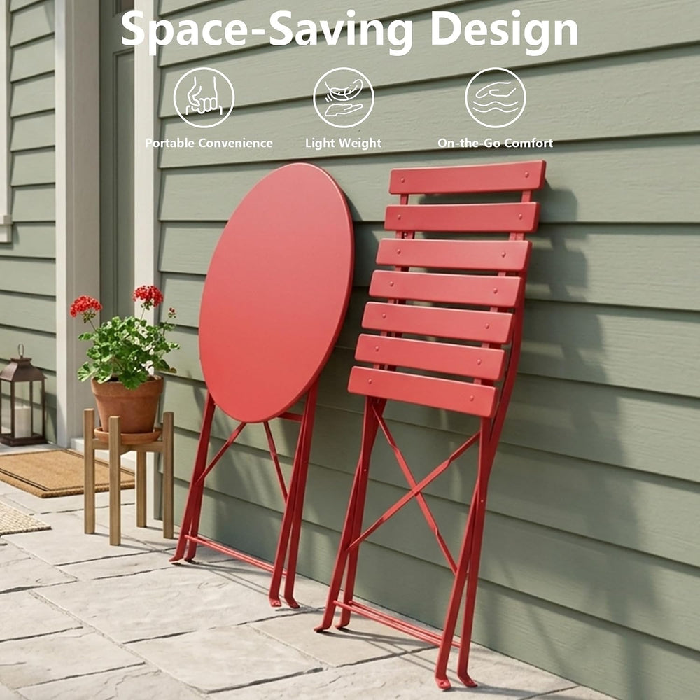 3 Piece Outdoor Bistro Set, Red Folding Table & Chairs for 2