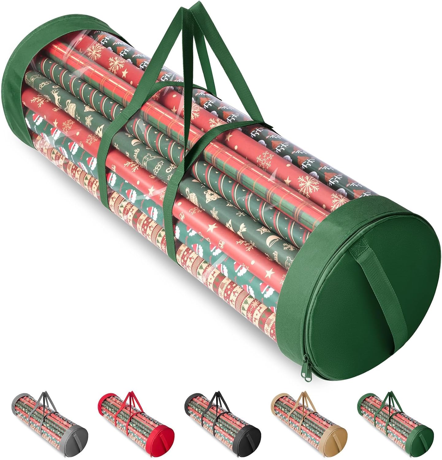 BALEINE Christmas Wrapping Paper Organizer Storage, 41" Gift Wrapping Paper Storage Containers, Clear PVC with Durable 600D Oxford Fabric Gift Wrap Paper Holder Fits 18-25 Rolls, Green
