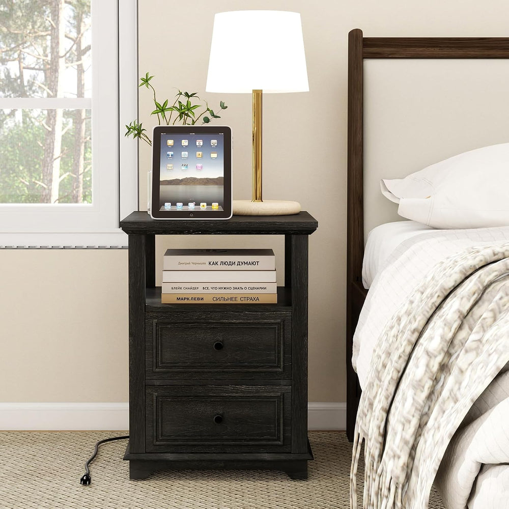 MUUEGM Night Stand with Charging Station, Dark Rustic Nightstands 18 Inch Bed...