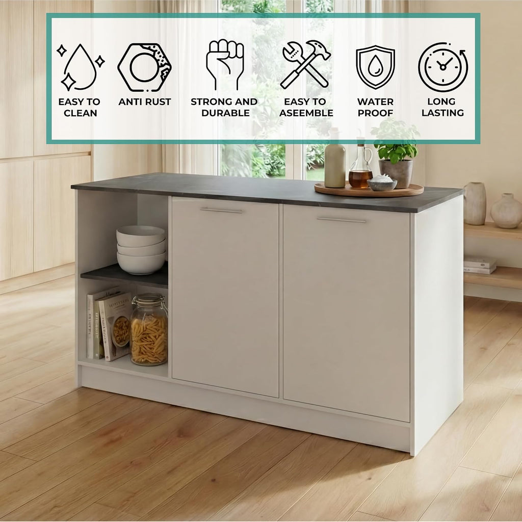 Tuhome Juniper Kitchen Island with Storage, 59in Wide Prep Top, 2-Door Cabinet with Interior Shelves and Dual Open Shelves, Engineered Wood, White/Light Oak