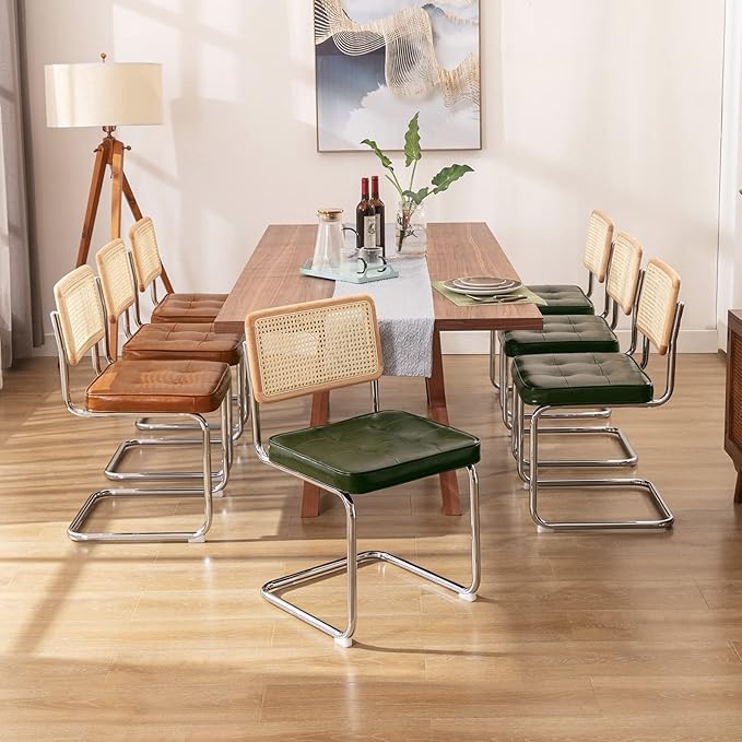 Zesthouse Natural Rattan Dining Chairs Set of 4, Modern Dining Room Chairs with Solid Wood Back for Kitchen Living Room, Mid Century Breuer Design Inspired, Upholstered Faux Leather Green