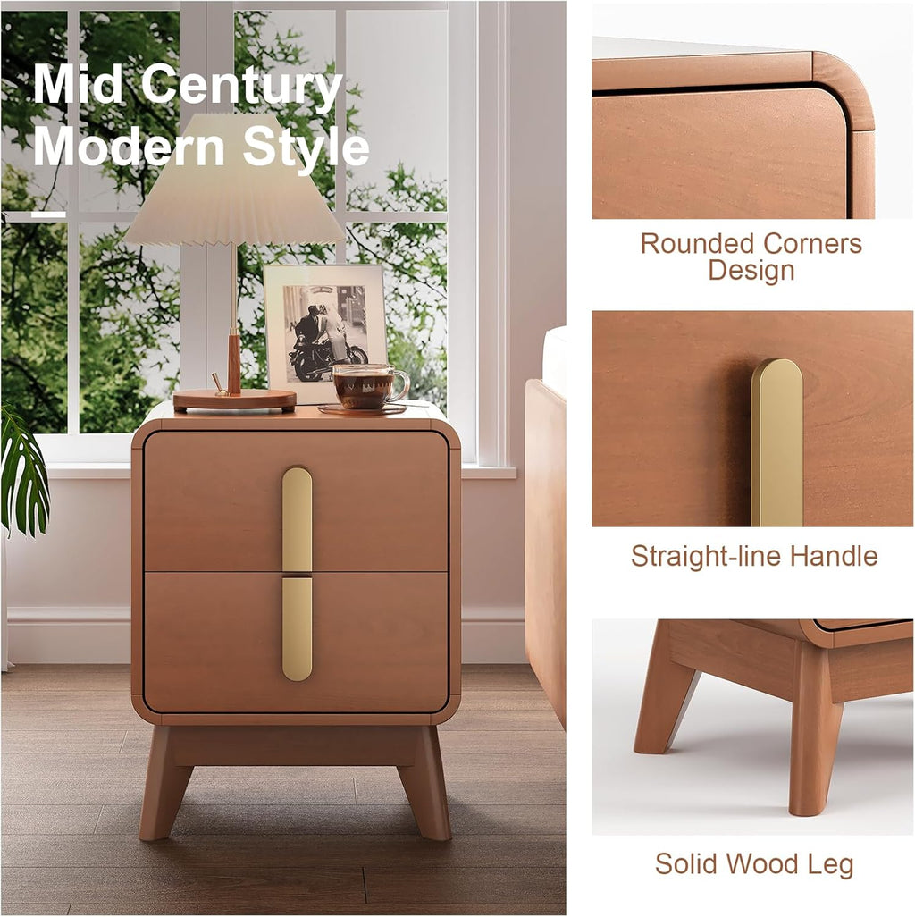 Night Stand Set 2, Mid Century Modern Bedside Table with Drawers, Curved Profile Design End Table with Metal Handle, Nightstand Set of 2 with Storage, Bed Side Tables for Bedroom, Cherry