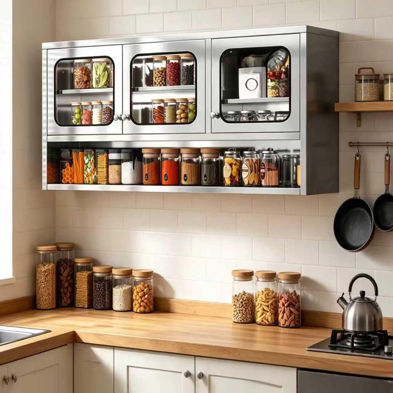 ZZV 59” Kitchen Wall Cabinet, Stainless Steel Wall Mounted Cabinet with Adjustable Shelves, Industrial Wall Storage Cabinet for Garage, Warehouse, No Assembly Required, 11.82D x 59.06W x 27.56H in