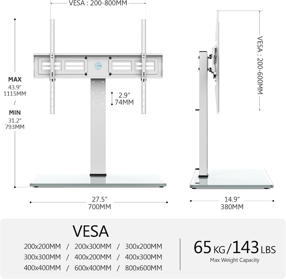 FITUEYES Universal TV Stand with Swivel Mount for 50-85 Inch TV, White | Tabl...