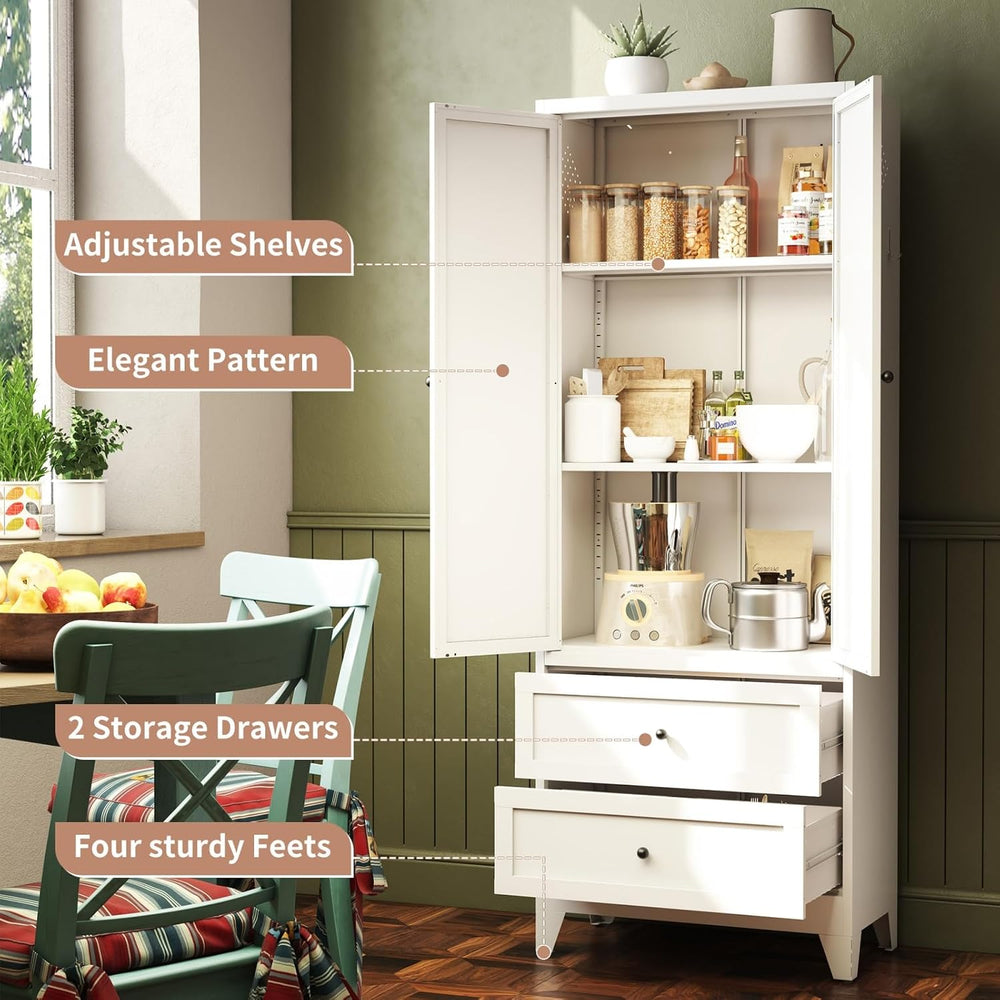 White Pantry Cabinet, Freestanding Kitchen Storage Cabinet with 2 Drawers &am...