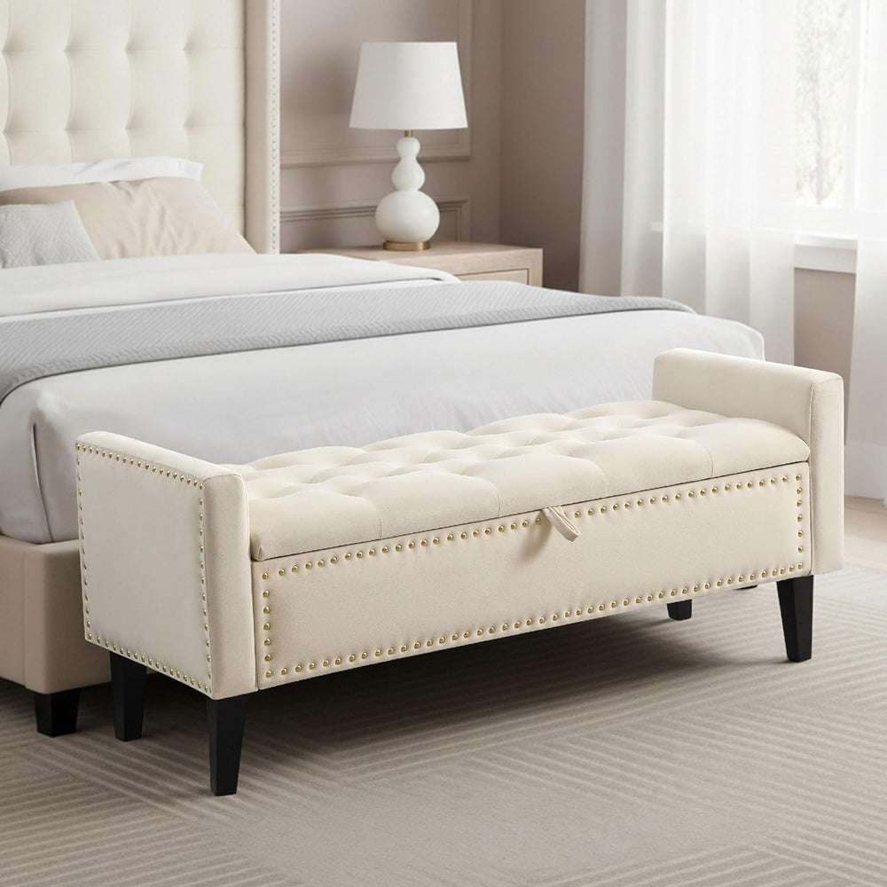 47in Velvet Storage Ottoman Bench with Arms, Upholstered Storage Bench with W...