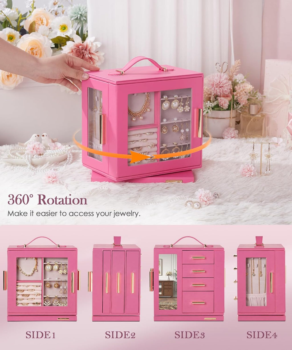Homde Christmas Gifts Jewelry Box 360° Rotating, Necklace Earring Organizer with Transparent Window, Mirror, 7 Drawers, Large Ring Display Storage Case for Girls Women (Pink)