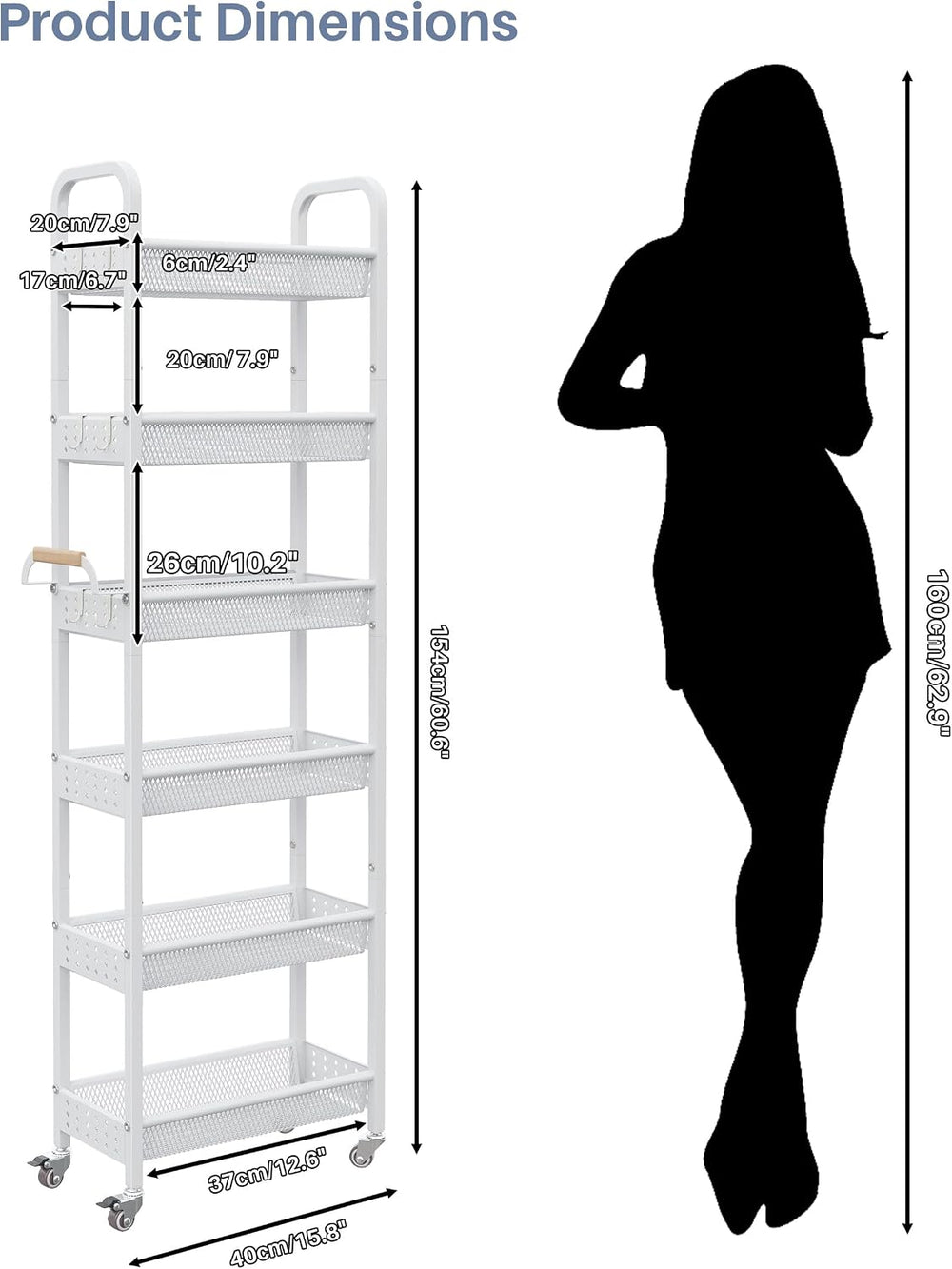 6 Tier Slim Storage Cart, Narrow Rolling Cart with Wheels (White) | Easy-grip...