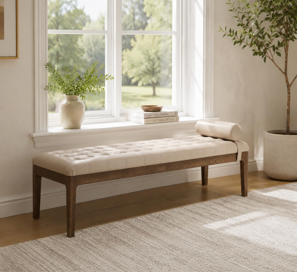66" Upholstered End of Bed Bench with Headrest, Button Tufted (Taupe) | Nano Leather, Dark Walnut Legs, Bedroom & Entryway, Footstool Design, Window Bench Style