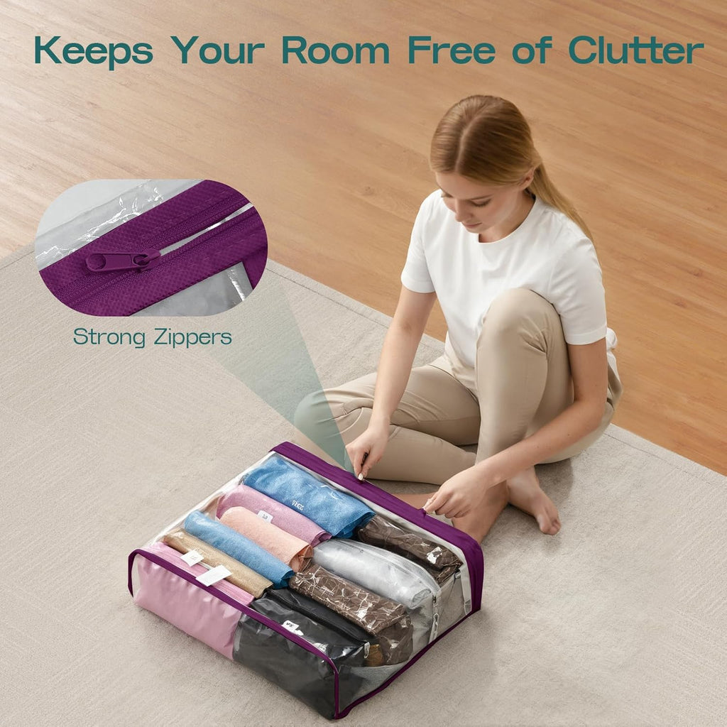 10PACK Clear Zippered Storage Bags for Clothes, 22L Clear Storage Bag, and Blanket Storage Bags for Bedding, Linen, Blankets, Comforters, Clothing & Toys (Purple)