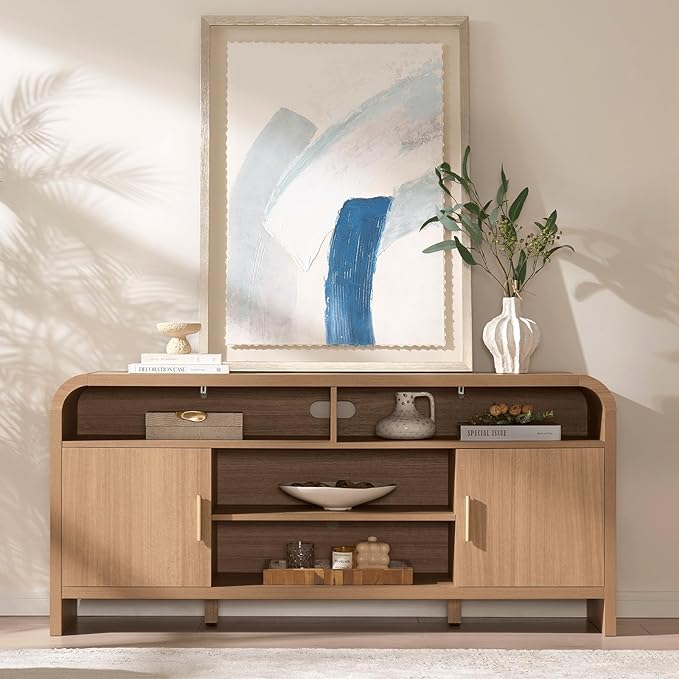 TV Stand for TVs Up to 65'' - [Unique Curved Profile, FSC-Certified Wooden Board] Entertainment Center with Adjustable Shelves and Storage Cabinet Modern Media Console for Living Room