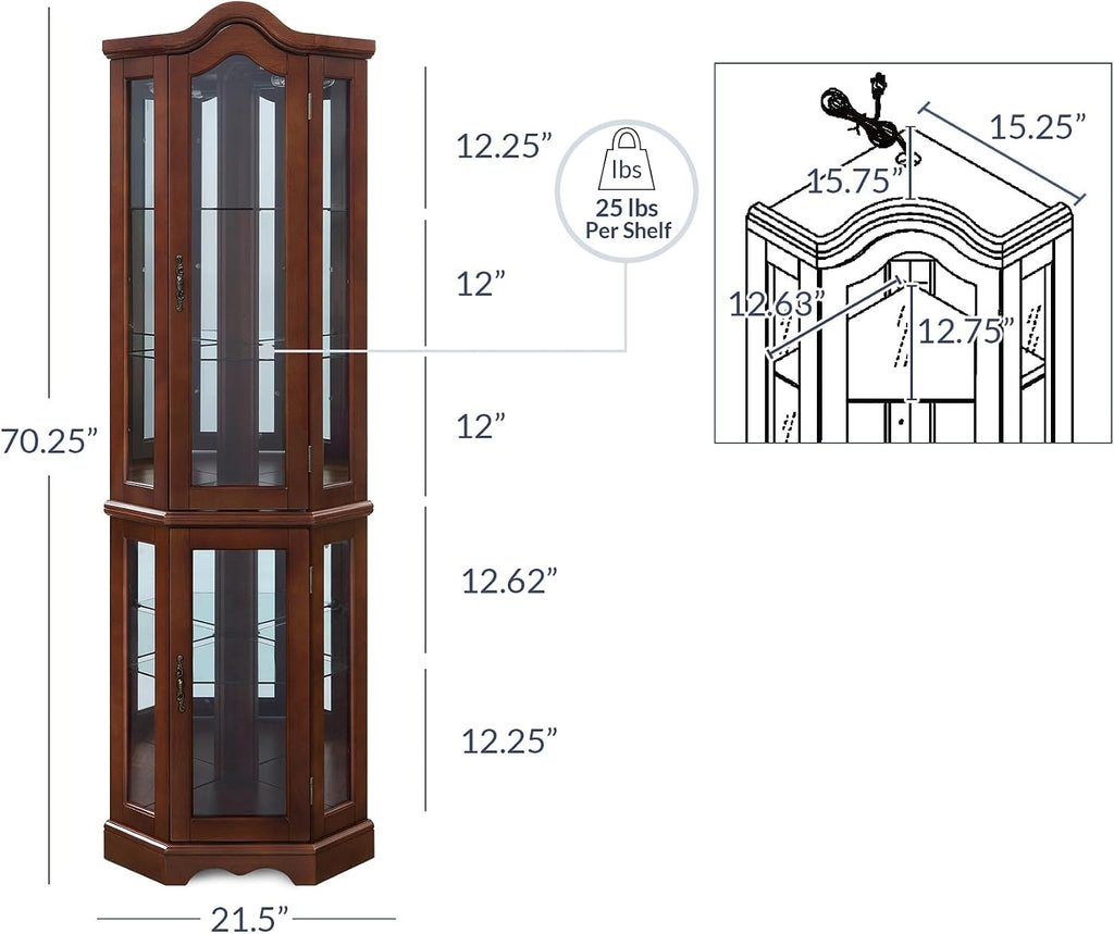 BELLEZE Lighted Corner Display Curved Top Curio Cabinet Wooden Shelving Unit with Tempered Glass Door, Bar and Liquor Storage Area with 5 Shelves - Loraine (Walnut)