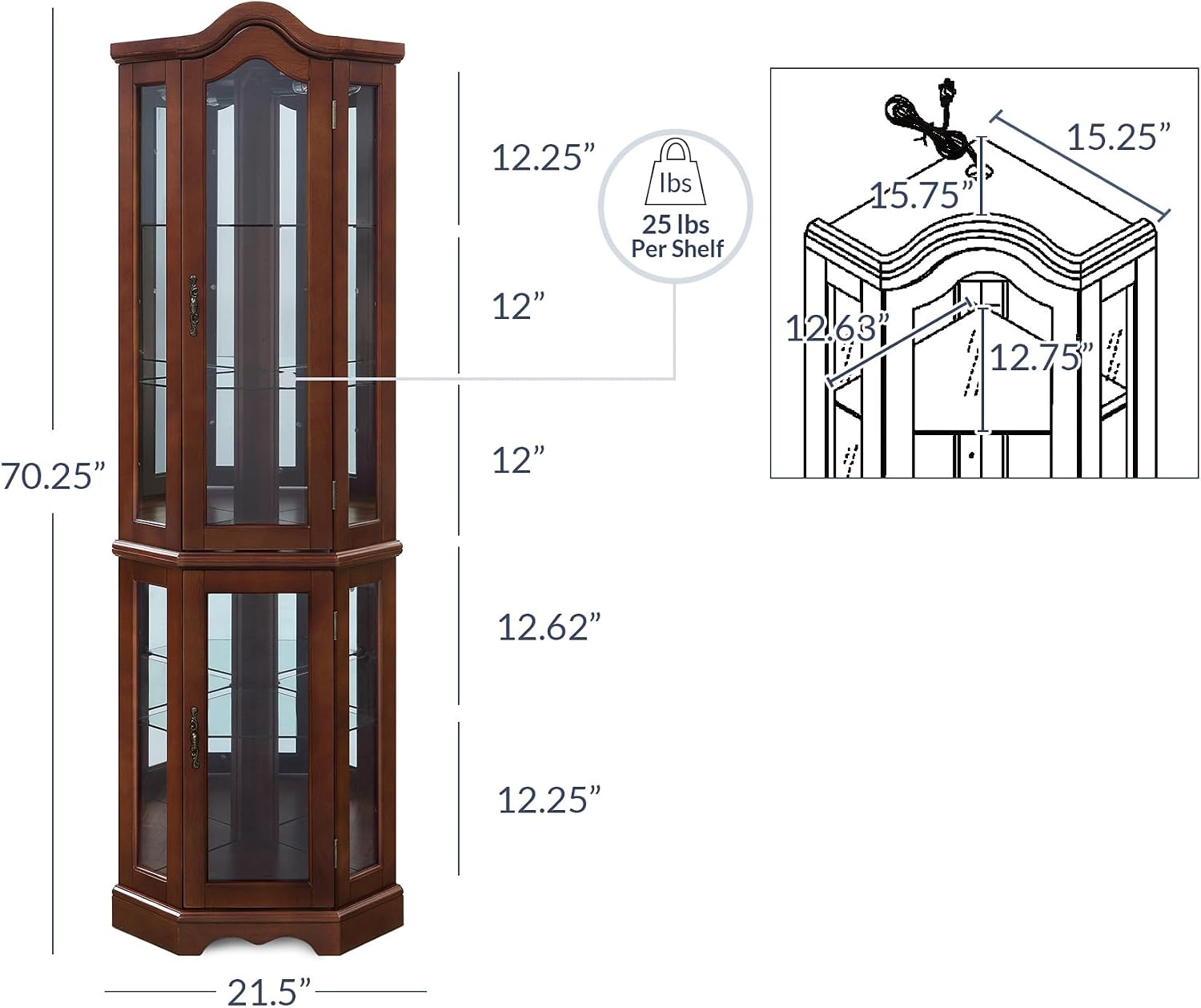 BELLEZE Lighted Corner Display Curved Top Curio Cabinet Wooden Shelving Unit with Tempered Glass Door, Bar and Liquor Storage Area with 5 Shelves - Loraine (Walnut)