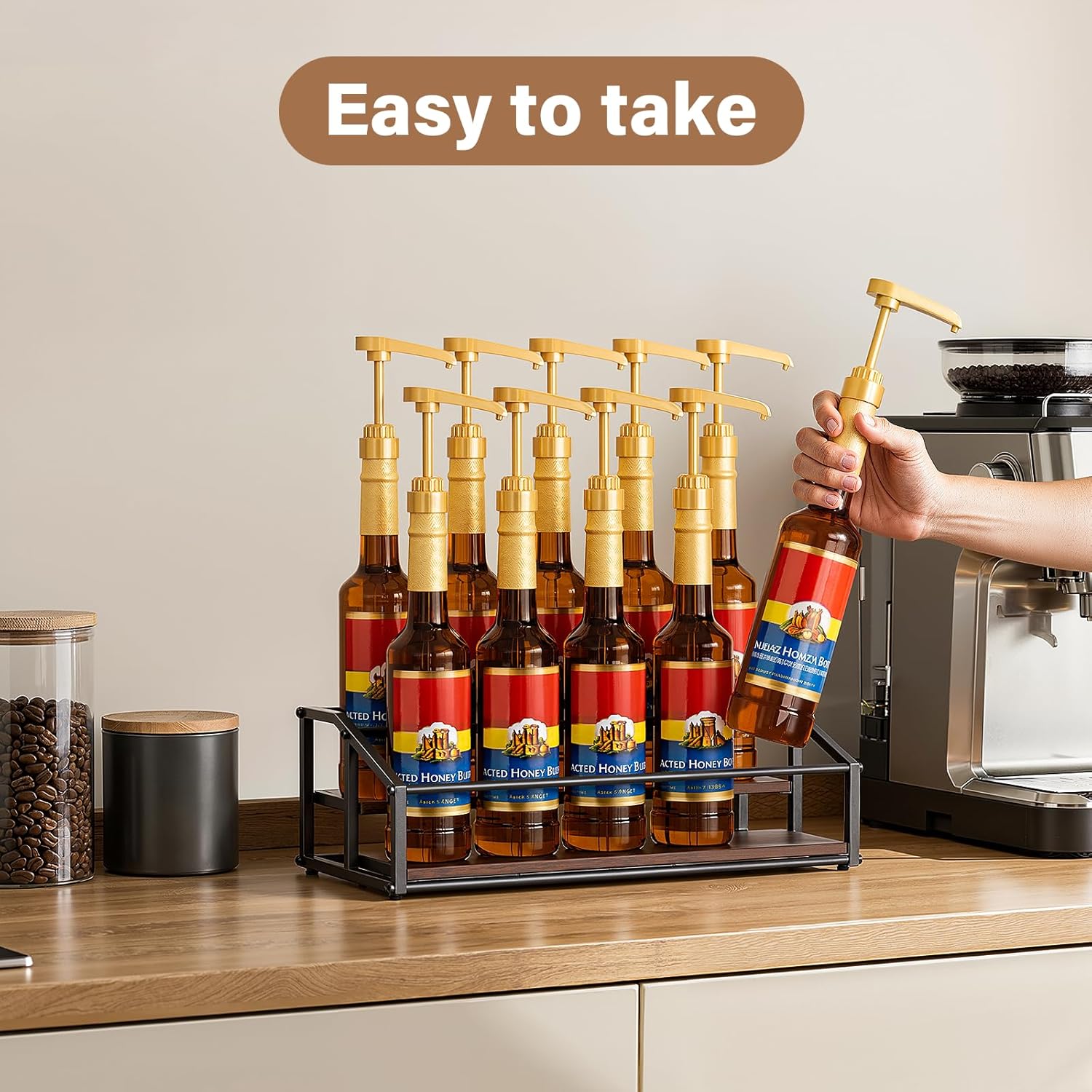 Coffee Syrup Organizer Rack, Liquor Bottle Display Shelf, 2 Tier 10 Syrup Bottles Holder Stand for Coffee Bar Kitchen Small Wine Rack for Family Storage for Syrup Wine Dressing