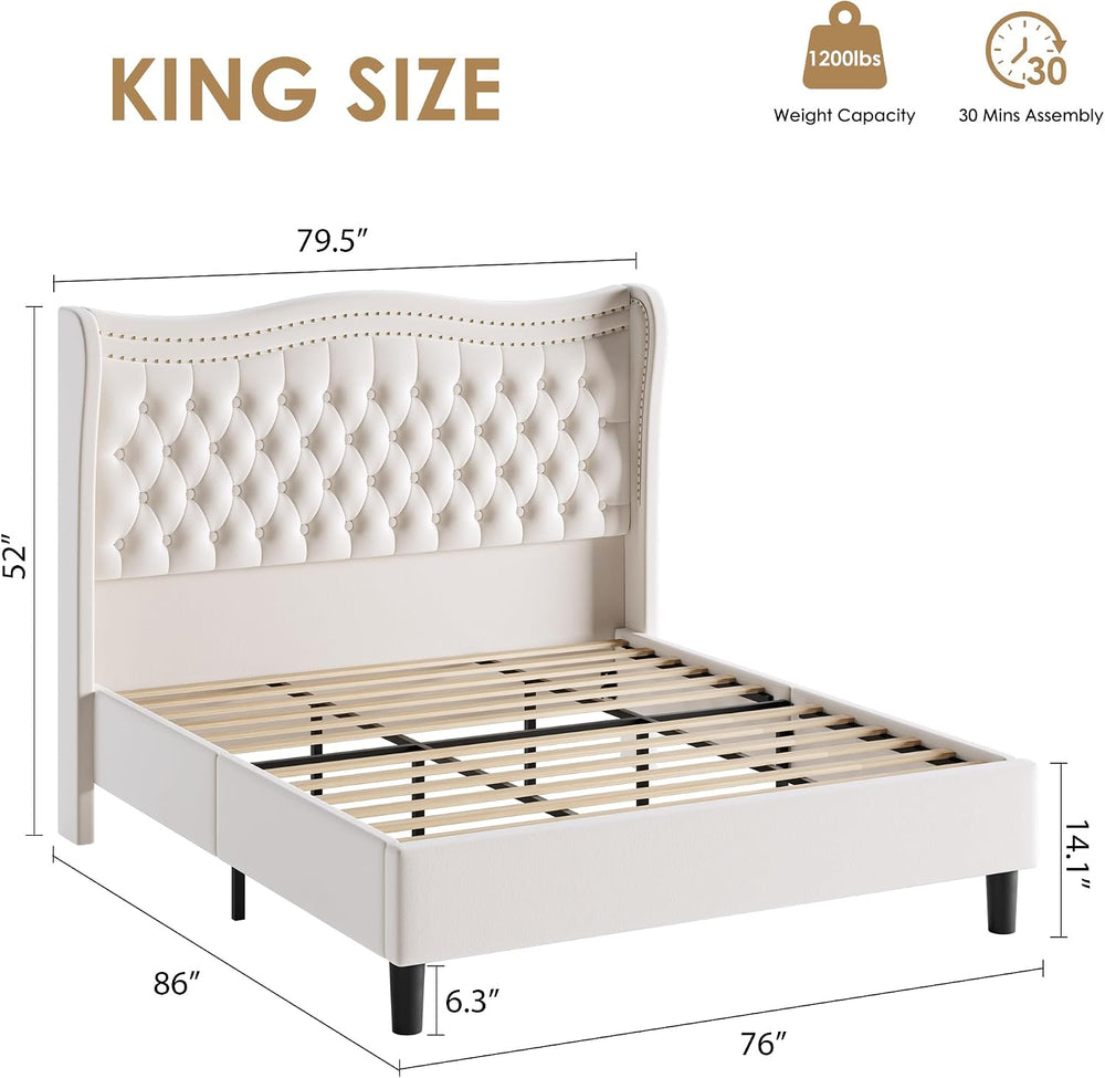 Upholstered King Size Bed Frame with Tall Headboard, Velvet Wingback Platform...