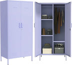 Industrial 67" Purple Lockable Metal 2-Door Storage Cabinet, Multi-Purpose Wardrobe with Hanging Rod & Adjustable Shelves, Heavy Duty for Bedroom, Garage, Home Office 67"H X 31.5"W X 18.1"D