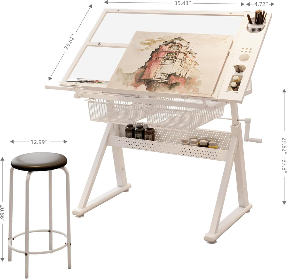 Height Adjustable Drafting Art Table for Adults, White Tempered Glass Draftin...