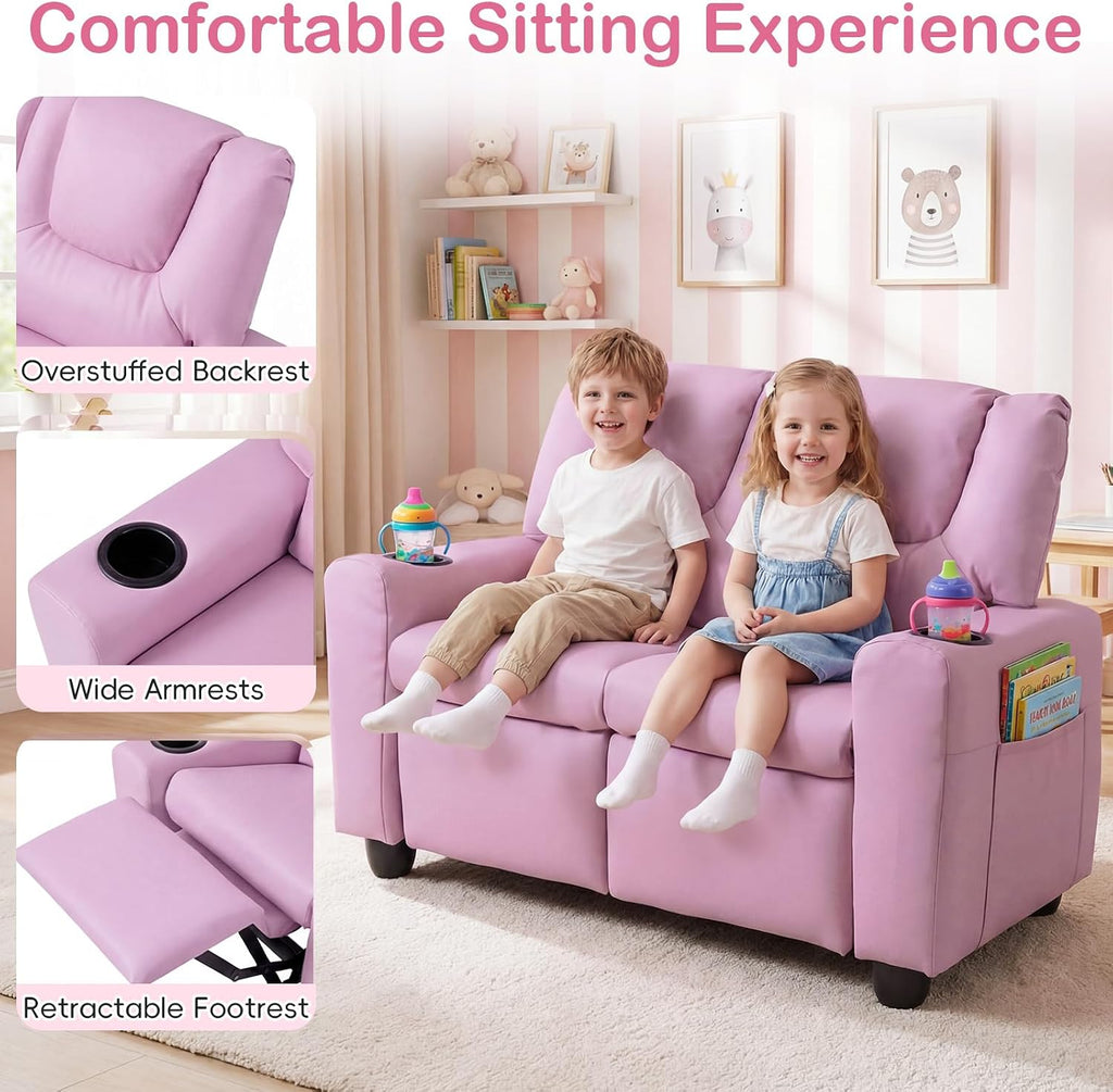 Costzon 2-Seater Kids Recliner, Double Toddler Sofa Chair w/2 Cup Holders & 2 Side Storage Pockets, PU Leather Kids Loveseat Couch w/Adjustable Backrest & Footrest for Girls & Boys 3+ Years Old