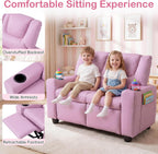 Costzon 2-Seater Kids Recliner, Double Toddler Sofa Chair w/2 Cup Holders & 2 Side Storage Pockets, PU Leather Kids Loveseat Couch w/Adjustable Backrest & Footrest for Girls & Boys 3+ Years Old