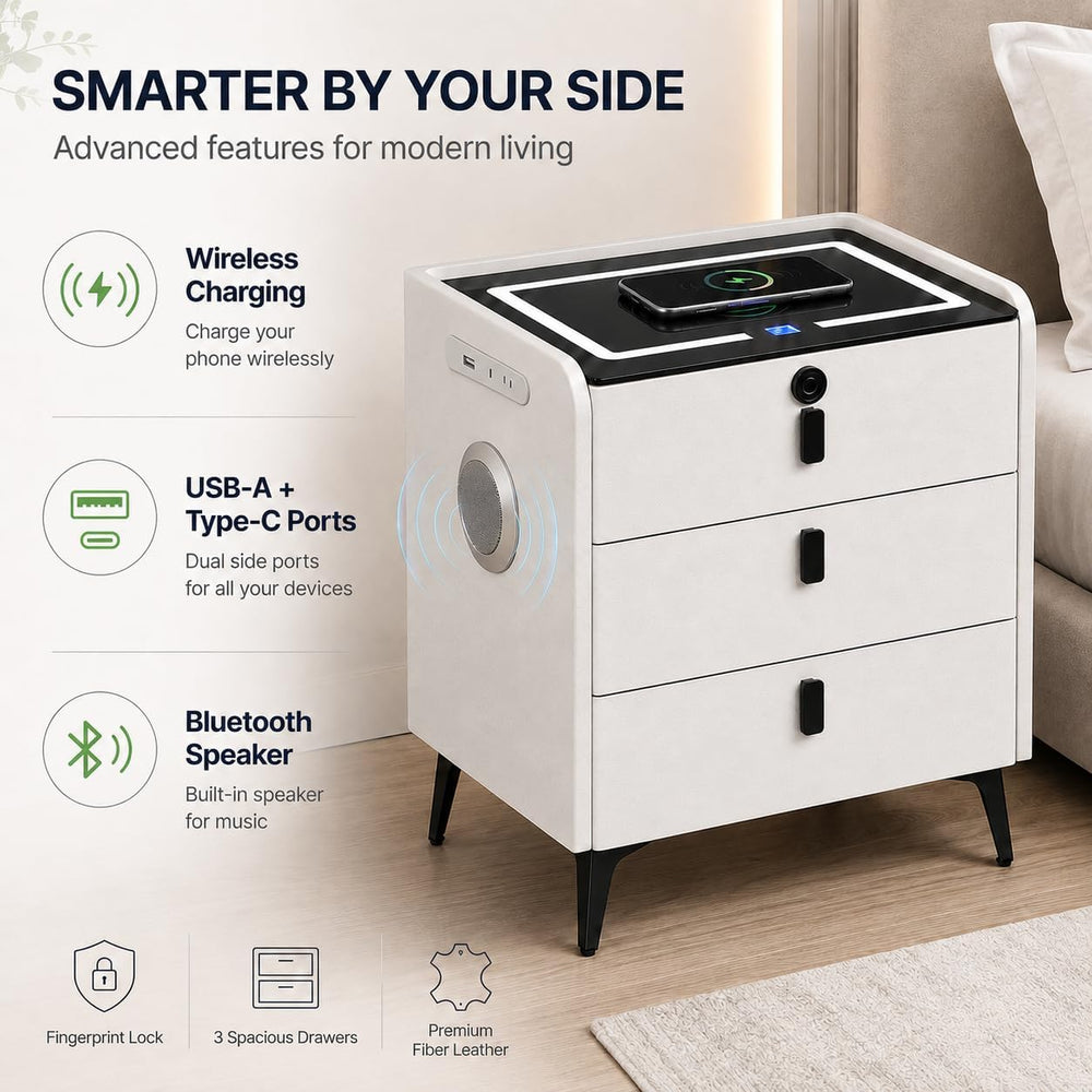 Smart Nightstand with Wireless Charging, with Fingerprint Lock Drawer, Night ...