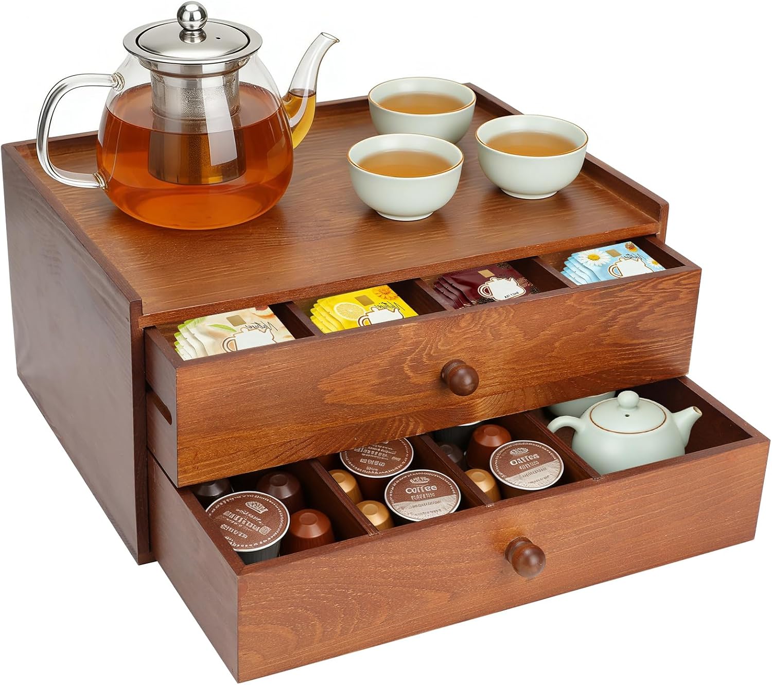 Acacia Wood Tea Bag Organizer, Tea Organizers and Storage Box, Double-Drawer Tea Box - Tea and Coffee Organizer,Multi-Functional Tea Station Chest,Wooden Tea Tray and Containers for Countertop Display