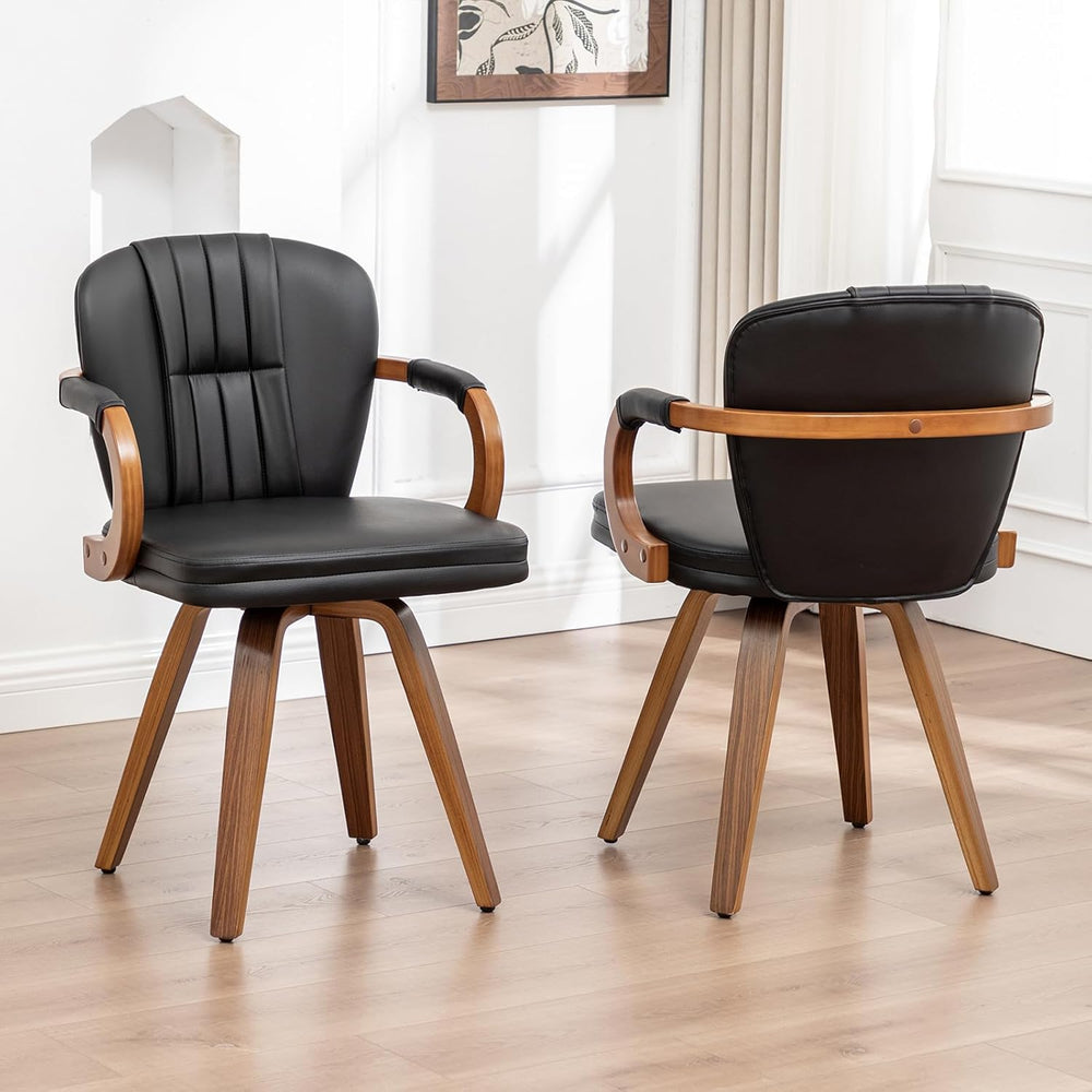 Swivel Dining Chairs Set of 2 Mid Century Modern Black Faux Leather Upholster...