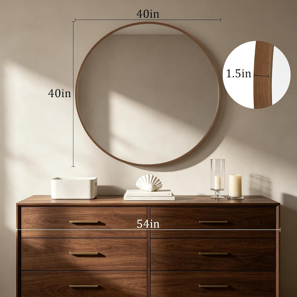 HOMECOOKIN Round Wood Mirror 40 inch Circle Mirror, Rustic Farmhouse Wooden F...