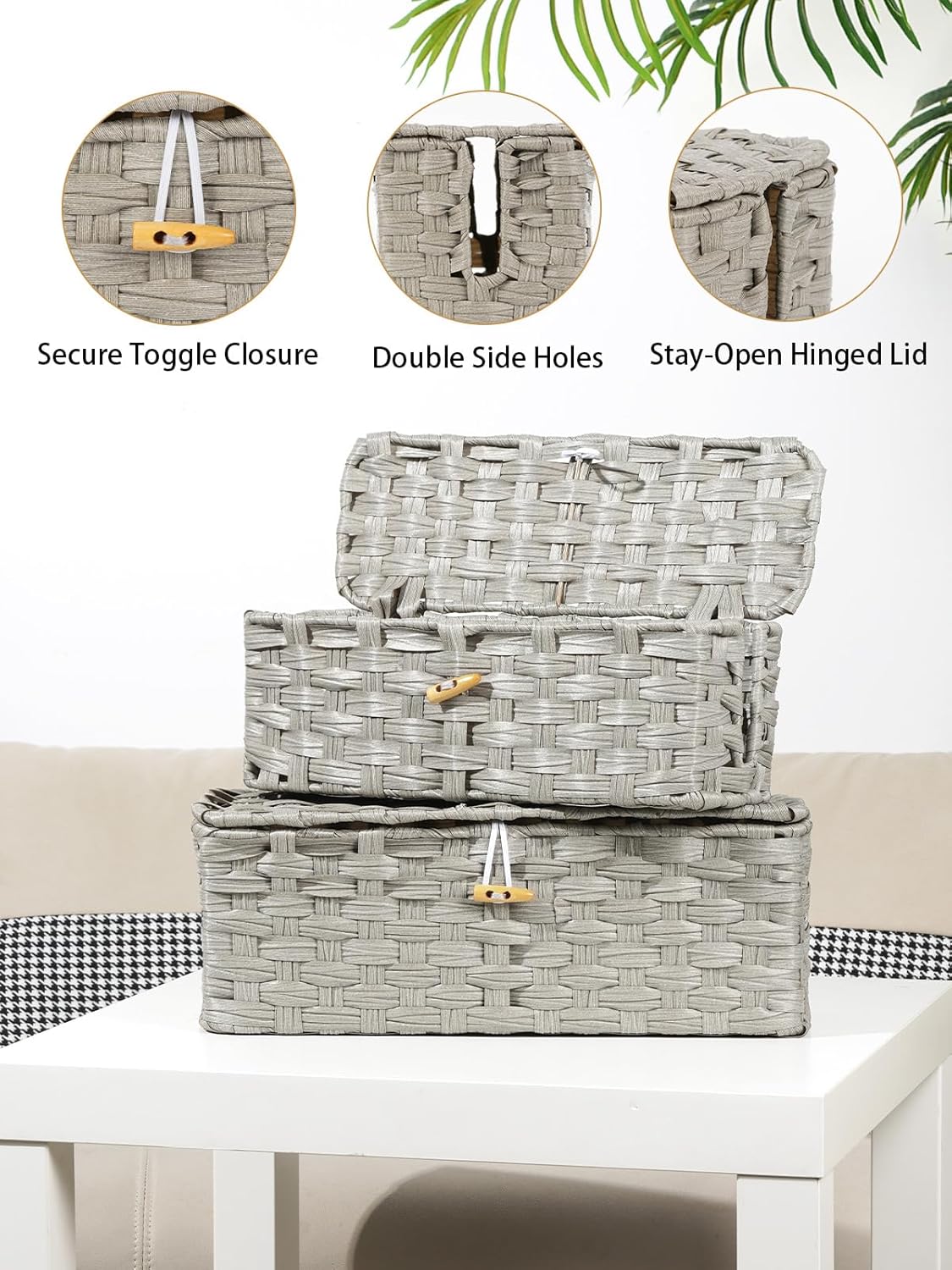 Temary Cable Management Box with Lids, 2-Pack Handmade Cable Organizer Boxes for Home, Office to Hide Cords and Power Strip, Cord Cover Floor Hider Set Woven Rattan Cable Organizer Box (Grey)
