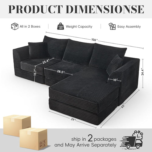 106” Modular Sectional Sofa,Modular Cloud Sofa L-Shaped Cloud Couch with High-Density Foam & Corduroy Fabric,Boneless Couch Deep Seat Couch for Living Room Apartments Bedroom No Assembly Required