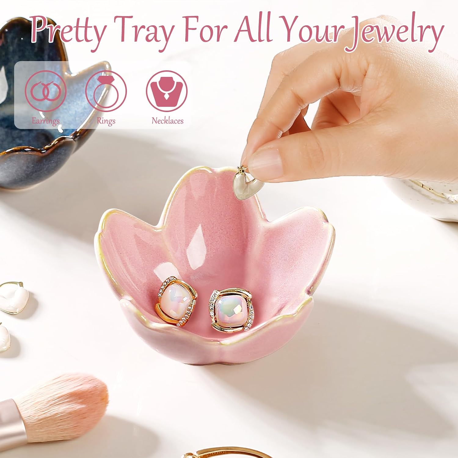 Jewelry Dish Birthday Christmas Gifts For Women Ceramic Ring Holder Jewelry Tray Vanity Organizer Pink Room Decor Aesthetic Dorm Bathroom Decor Decorative Trinket Dish for Rings Earrings Necklaces