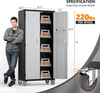 VINGLI 72'' Tall Garage Storage Cabinet, Metal Storage Cabinet with Wheels, Locking Doors and Adjustable Shelves (Black & Silver, 32''W x 16''D x 72''H)