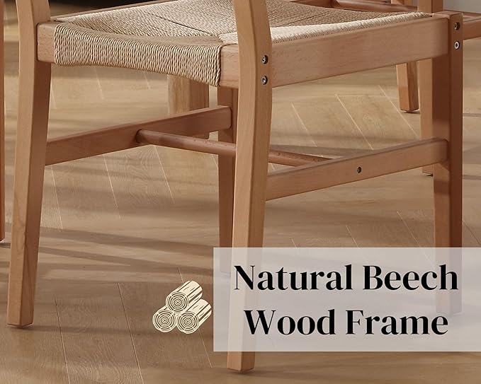 Mid Century Modern Rattan Dining Chairs Set of 2, Natural Beechwood Kitchen Chairs Farmhouse Woven Dining Room Chairs, Armless Boho Cane Wicker Chair Wooden Dining Chairs with Weave Hemp Seat and Back