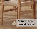 Mid Century Modern Rattan Dining Chairs Set of 2, Natural Beechwood Kitchen Chairs Farmhouse Woven Dining Room Chairs, Armless Boho Cane Wicker Chair Wooden Dining Chairs with Weave Hemp Seat and Back